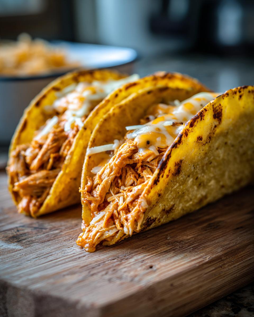 Close-up of three crispy chicken tacos filled with shredded chicken and melted cheese on a wooden board.
