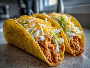 Two crispy chicken tacos filled with shredded chicken, lettuce, cheese, and a drizzle of sauce.