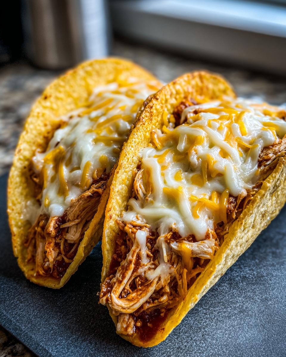 Close-up of two crispy chicken tacos overflowing with shredded chicken and melted cheddar and Monterey Jack cheese.