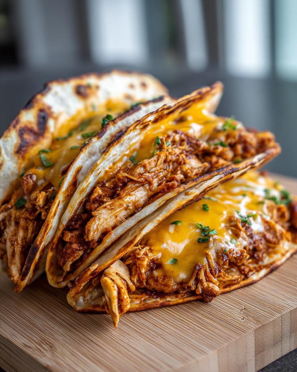 Close-up of three crispy chicken tacos filled with shredded chicken and melted cheddar cheese, garnished with chives.
