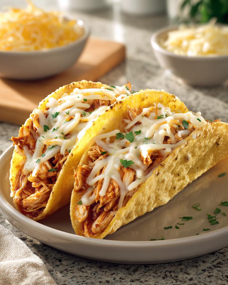 Two crispy chicken tacos overflowing with shredded chicken and topped with melted white cheese and chopped parsley.