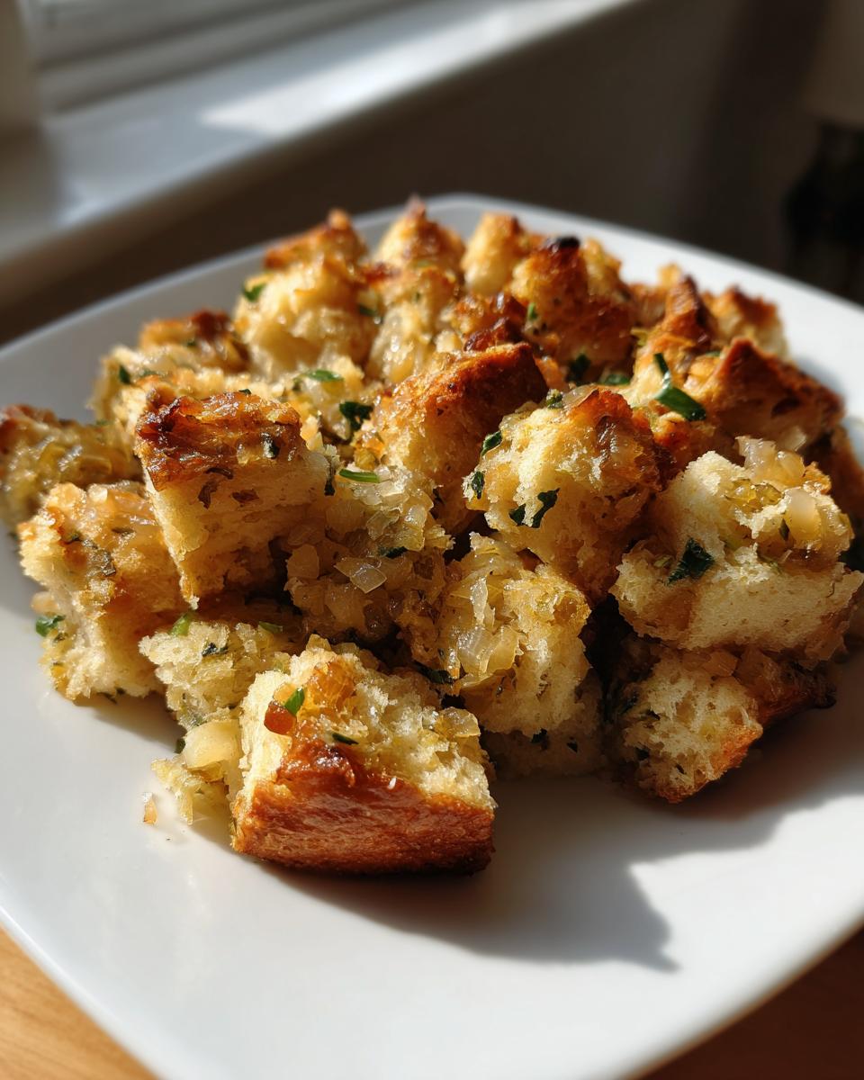 Close-up of crispy, golden-brown bread cubes from homemade stuffing mixed with sautéed onions and herbs.