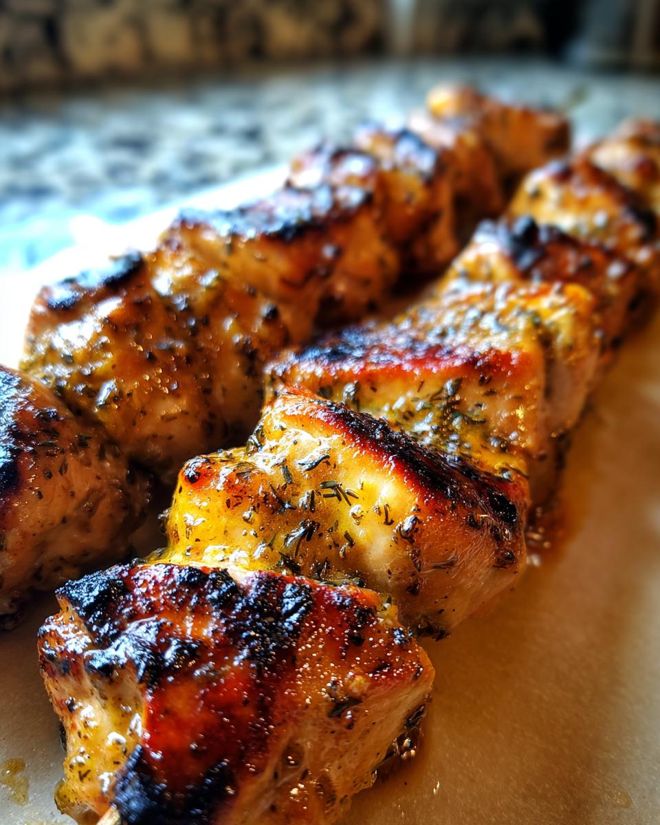 Close-up of juicy dill pickle ranch chicken skewers, grilled to perfection with a glistening glaze.