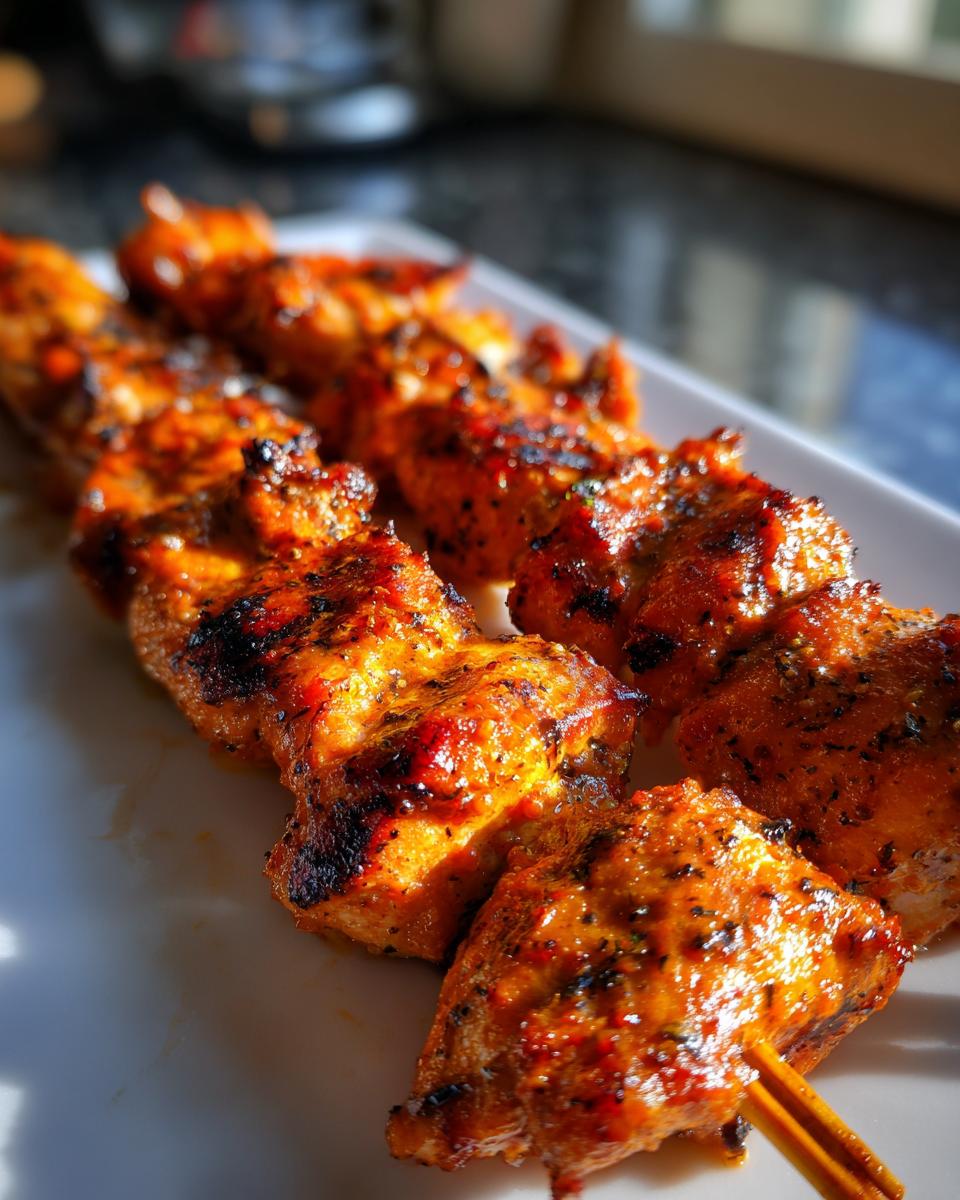 Close-up of grilled dill pickle ranch chicken skewers on a white platter, showing char marks and seasoning.