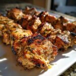 Close-up of grilled dill pickle ranch chicken skewers on a white platter, showing char marks and herbs.