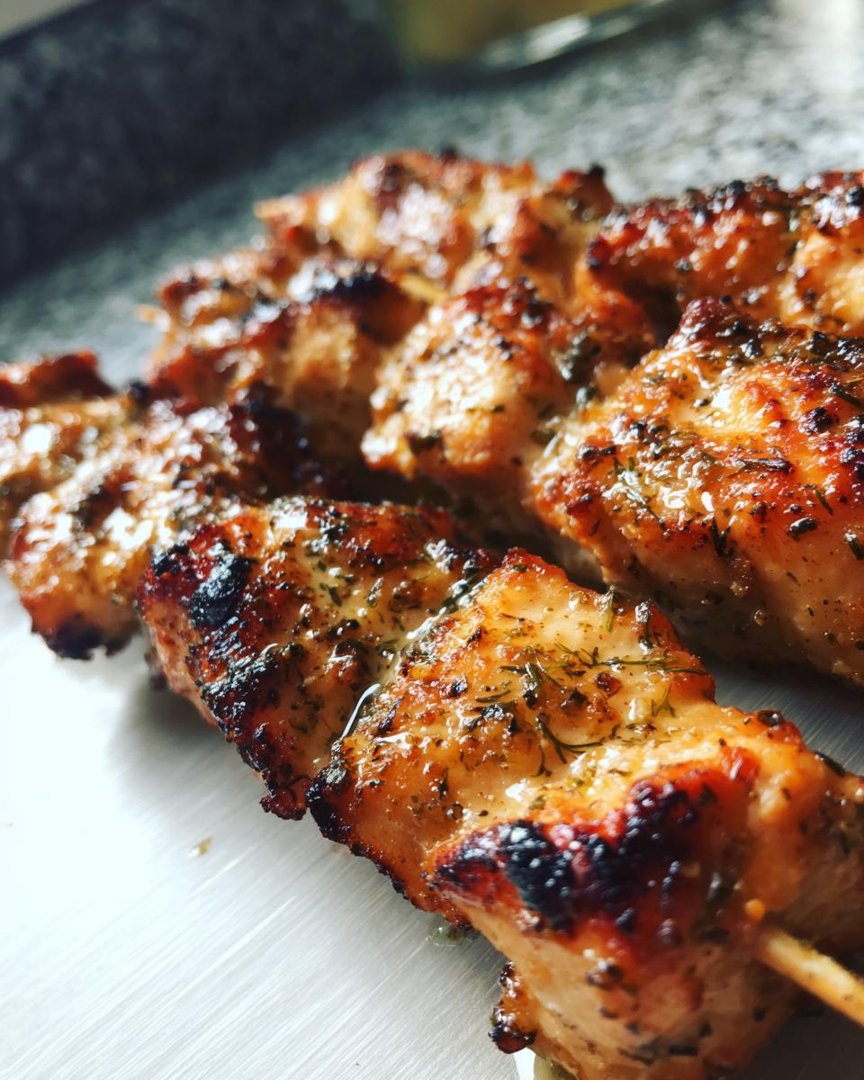 Close-up of juicy dill pickle ranch chicken skewers, perfectly grilled with herbs.