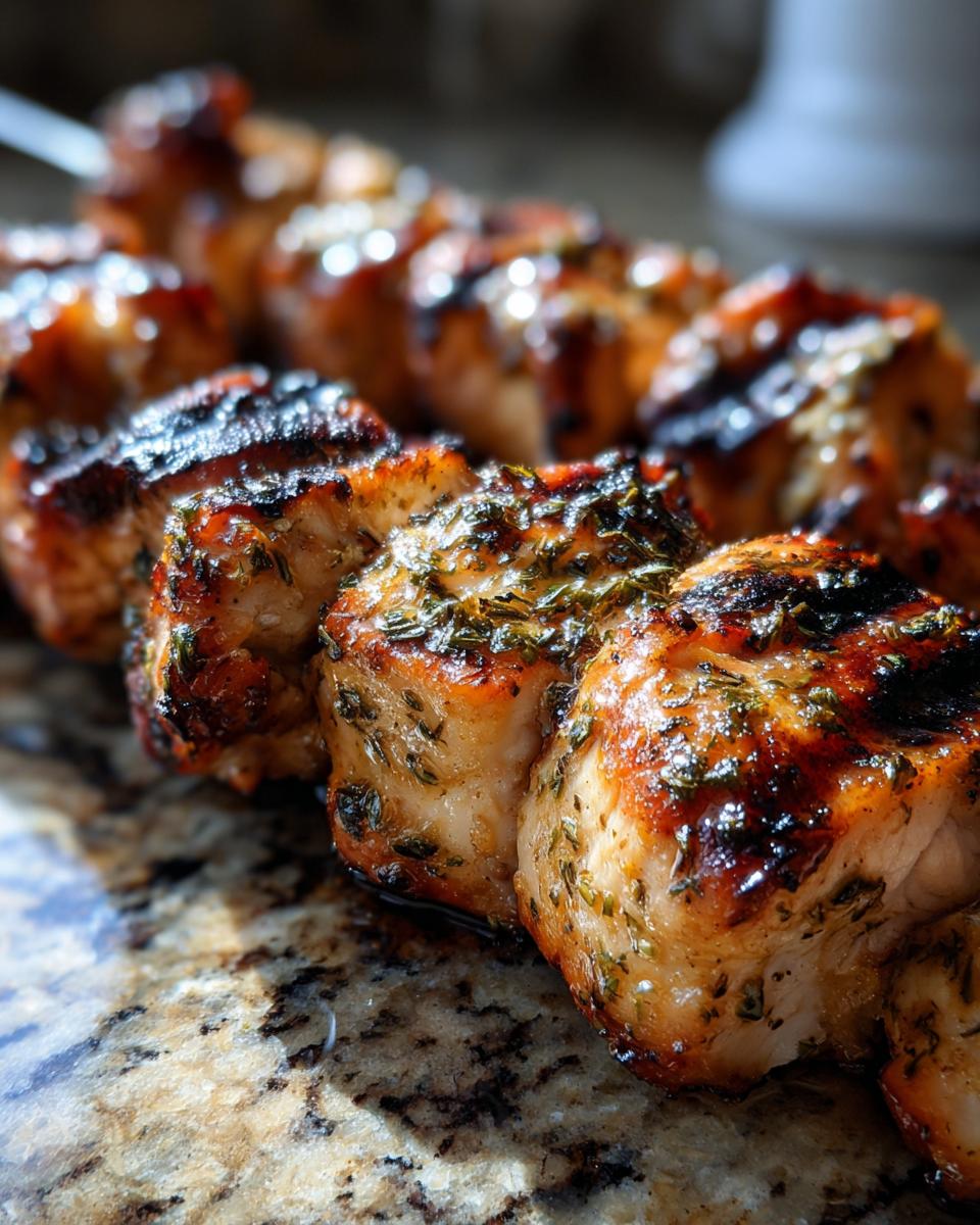 Close-up of grilled dill pickle ranch chicken skewers, glistening and seasoned with herbs.