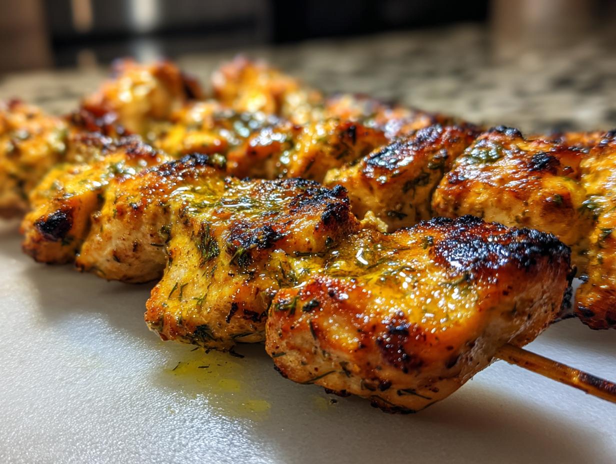 Close-up of juicy dill pickle ranch chicken skewers, grilled to perfection with visible herbs and a glistening glaze.