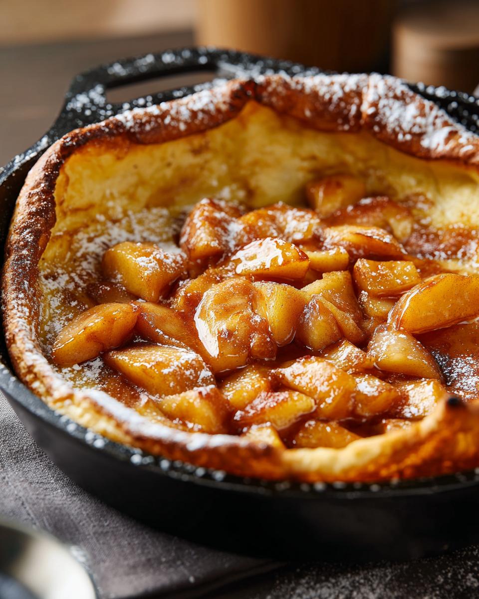 Close-up of a golden Dutch baby pancake with apples, dusted with powdered sugar, served in a cast iron skillet.