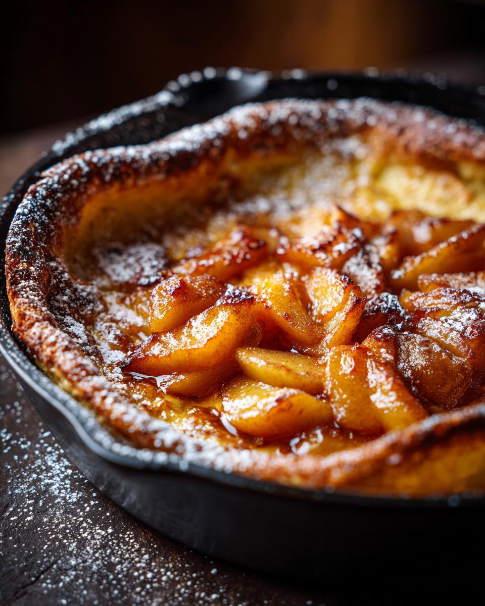 Close-up of a golden brown Dutch baby pancake with apples, dusted with powdered sugar, in a cast iron skillet.