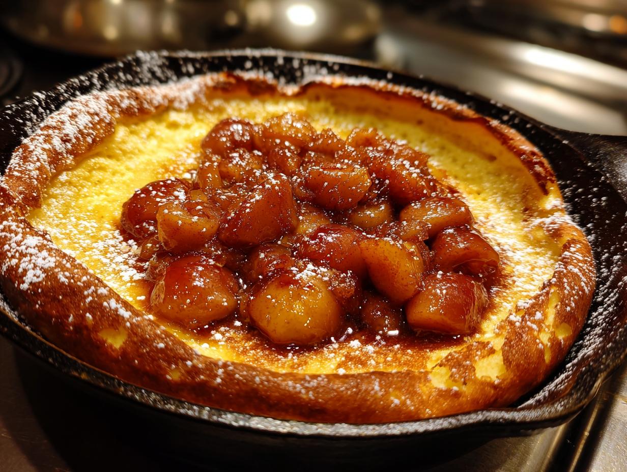 Close-up of a golden Dutch baby pancake with apples, dusted with powdered sugar, served in a cast iron skillet.
