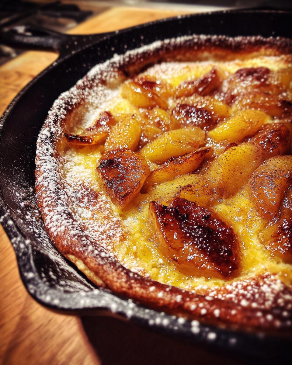 Close-up of a golden-brown Dutch baby pancake with apples baked in a cast-iron skillet, dusted with powdered sugar.