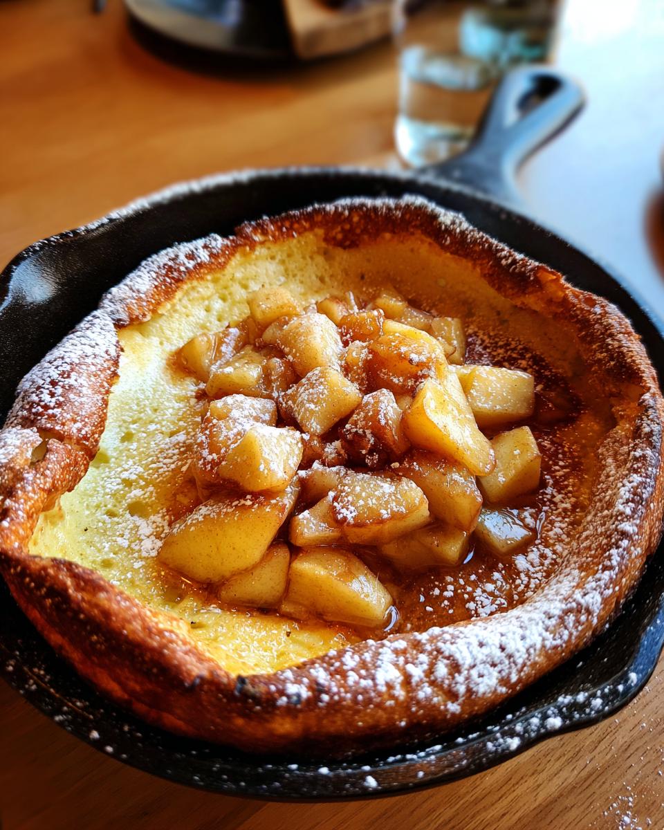 A warm Dutch baby pancake with apples, dusted with powdered sugar, served in a cast-iron skillet.