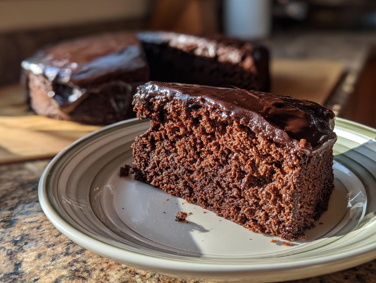 A moist slice of easy chocolate cake with rich chocolate glaze on a plate.