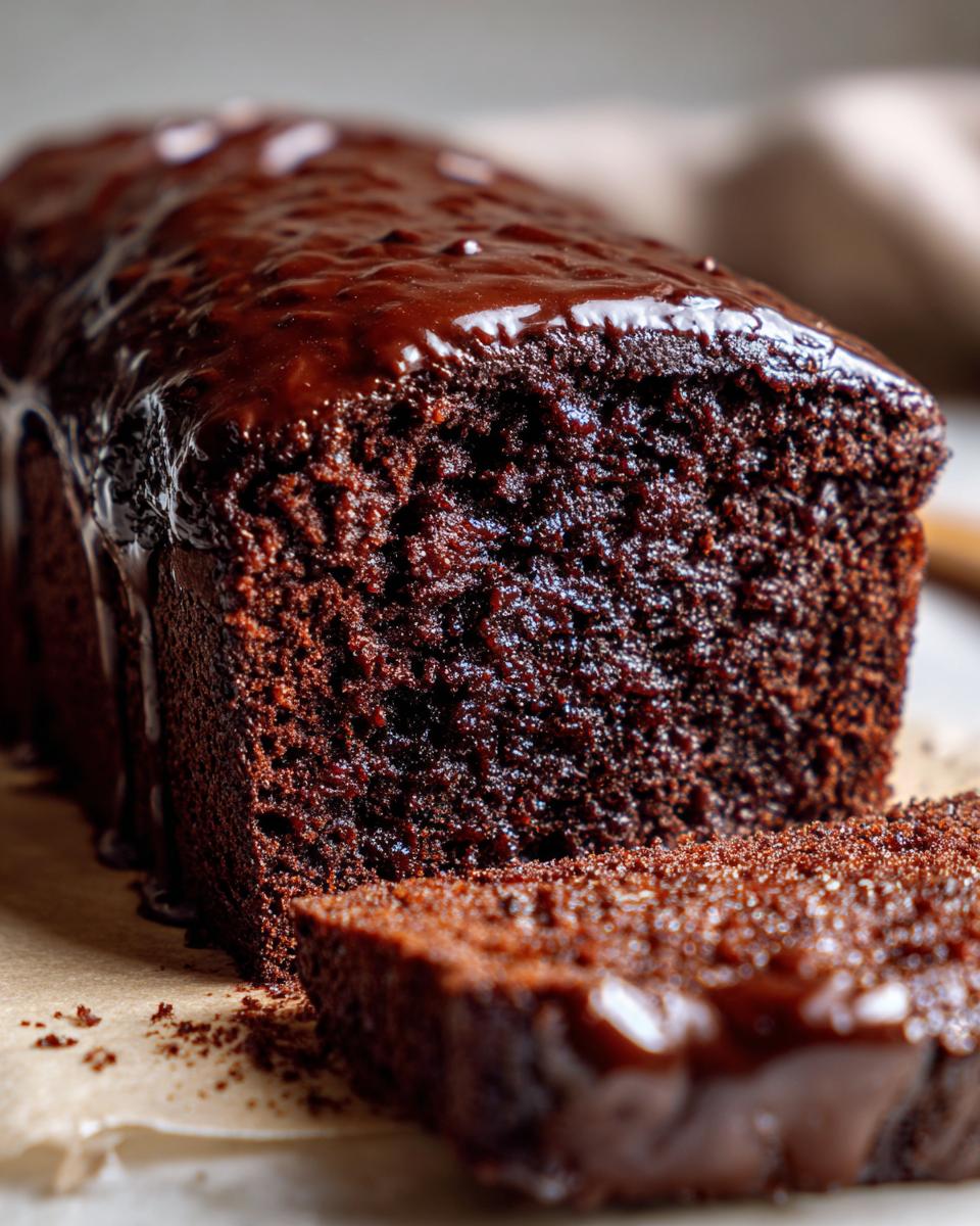 Close-up of a slice of moist easy chocolate cake topped with rich chocolate glaze.