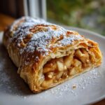 A close-up of a freshly baked slice of apple strudel showing flaky pastry and cinnamon apple filling, dusted with powdered sugar.