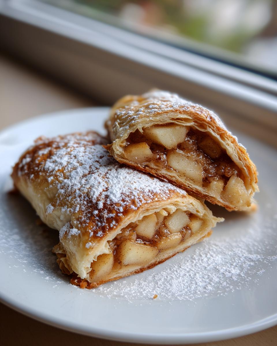 Two cross-sections of flaky apple strudel filled with spiced apples, dusted heavily with powdered sugar.