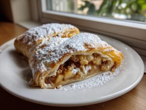 Two slices of flaky apple strudel filled with spiced apples and topped heavily with powdered sugar.