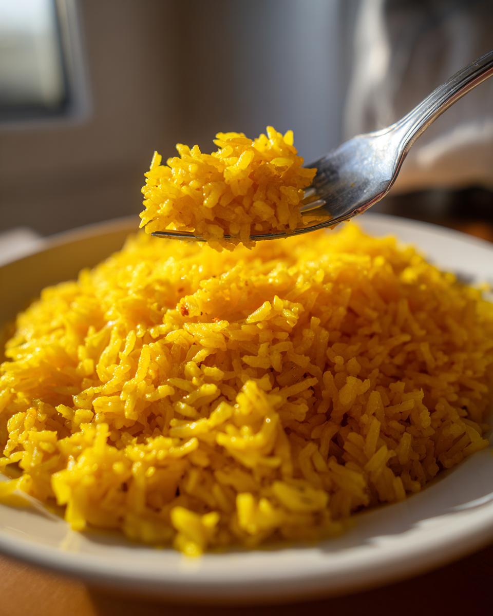 A close-up of bright yellow turmeric rice served on a white plate, with a fork lifting a bite.