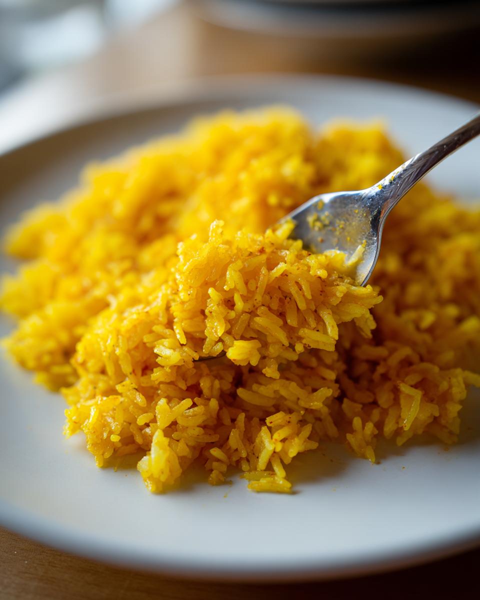 Close-up of bright yellow turmeric rice served on a white plate, with a silver fork scooping a portion.