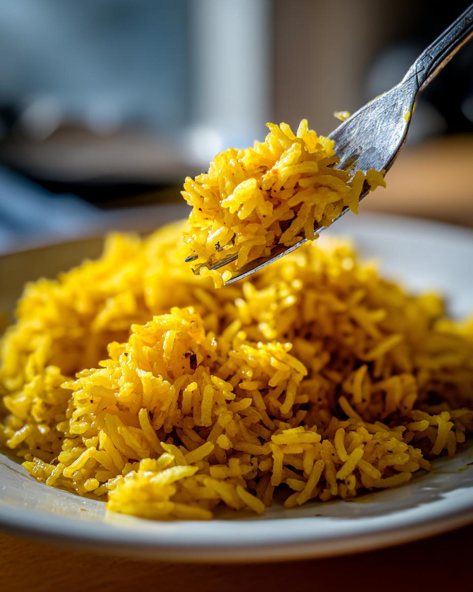 A fork lifting a bite of vibrant yellow turmeric rice from a plate of the seasoned rice.