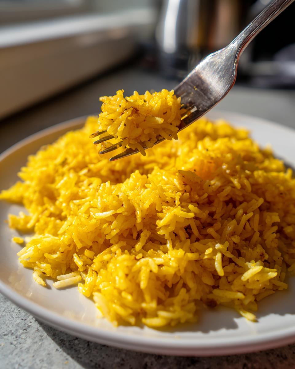 A fork lifting a bite of fluffy, bright yellow turmeric rice from a white plate.