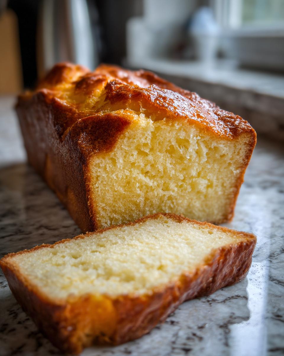 A golden-brown French butter cake loaf with one slice cut and placed in front, showcasing its moist crumb.