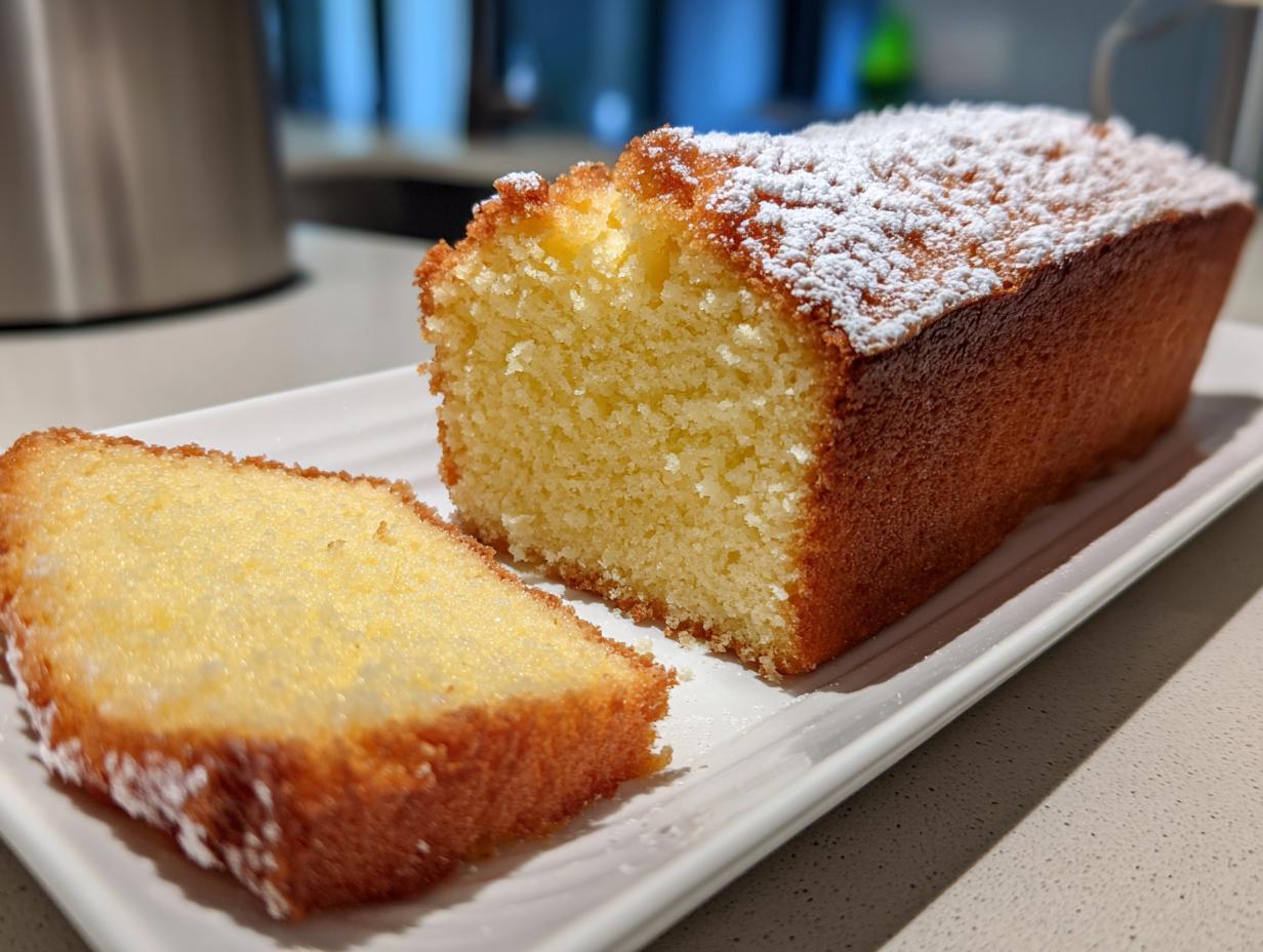 A slice of moist French butter cake dusted with powdered sugar, served on a white plate.