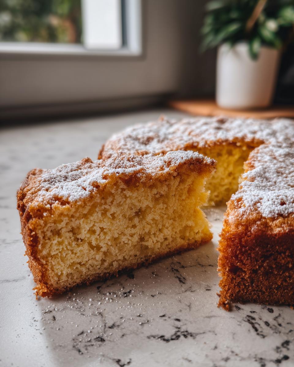 A slice of moist French butter cake dusted with powdered sugar, showing its golden crumb.