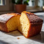 A slice of golden French butter cake dusted with powdered sugar, showcasing its tender crumb.