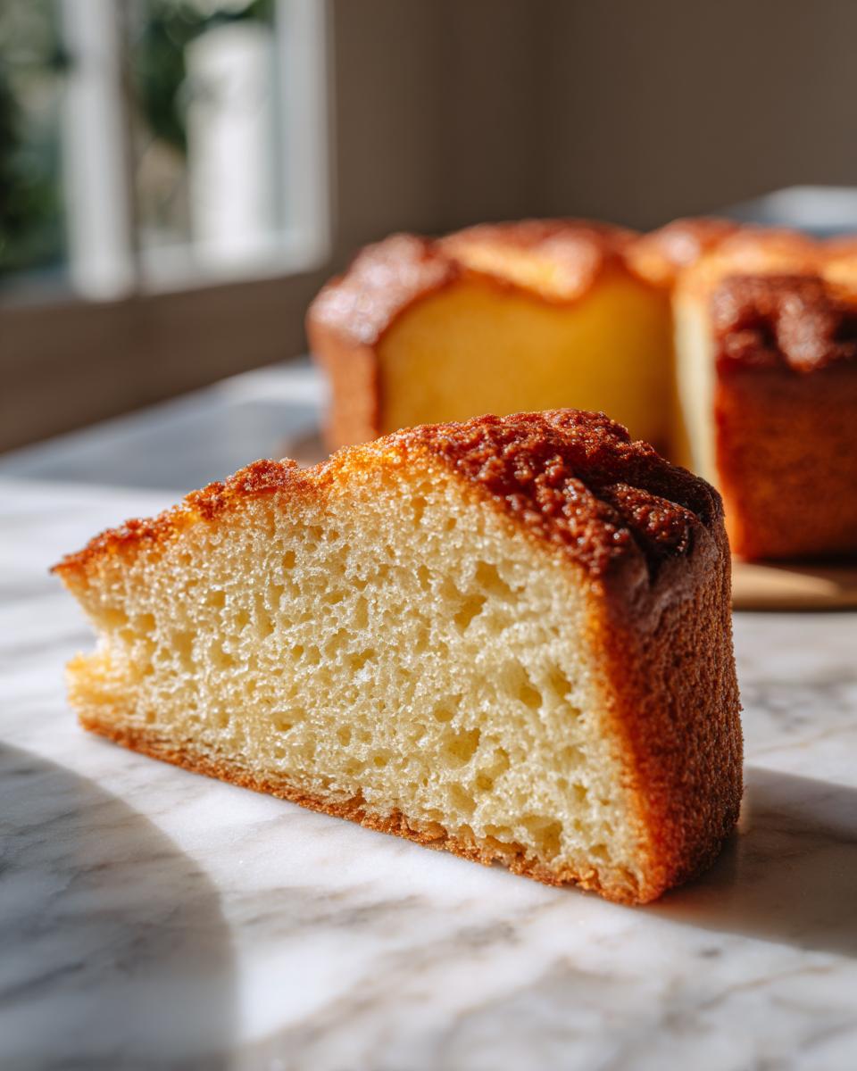 A close-up of a slice of moist French butter cake with a golden-brown crust on a marble surface.