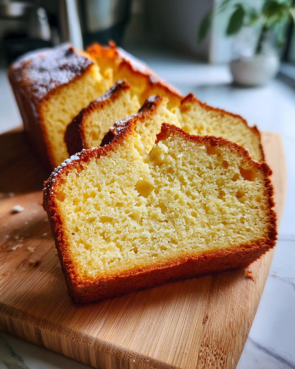 Close-up of sliced French butter cake dusted with powdered sugar on a wooden board.