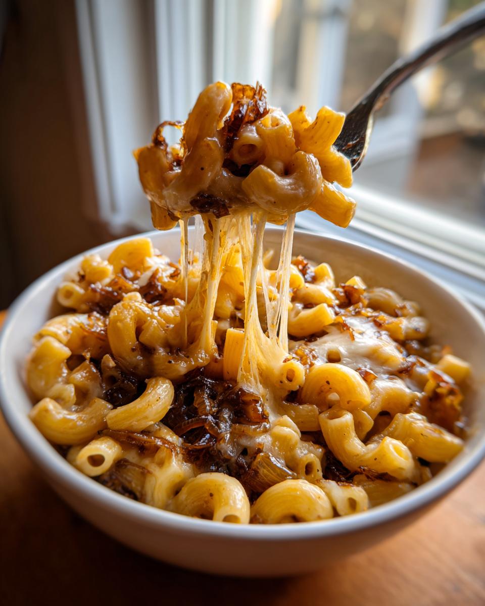A fork lifts a cheesy portion of french onion pasta, showing long cheese pulls and caramelized onions.