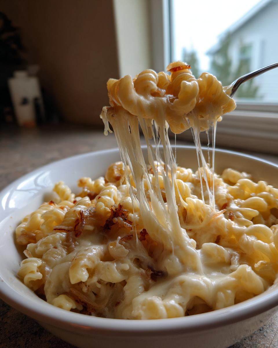 A fork lifts a bite of creamy french onion pasta, showing long, dramatic cheese pulls.