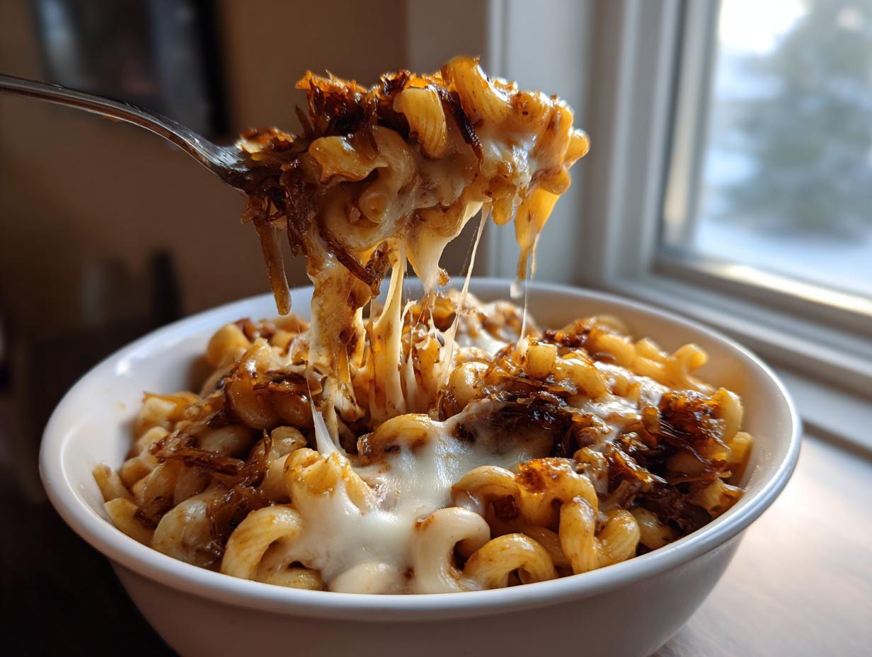 A fork lifts a cheesy, saucy portion of french onion pasta out of a white bowl, showing caramelized onions.