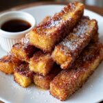 A stack of golden brown French toast sticks, dusted with powdered sugar and cinnamon sugar, served with a side of syrup.