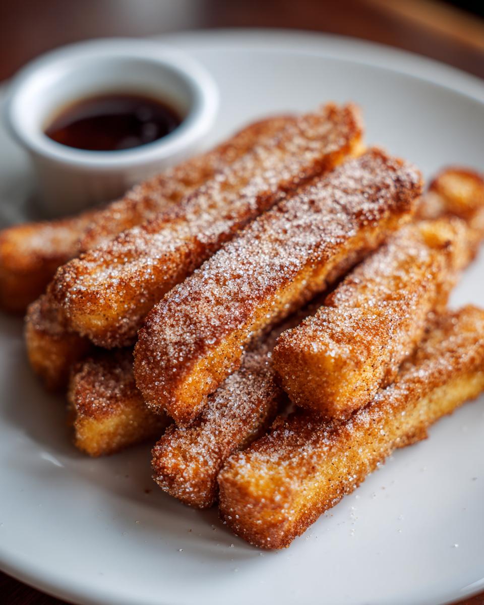 A close-up of golden-brown french toast sticks coated in cinnamon sugar, served with a side of syrup.