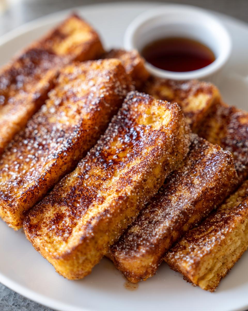 A close-up of golden brown French toast sticks dusted with cinnamon sugar and powdered sugar, served with a side of syrup.