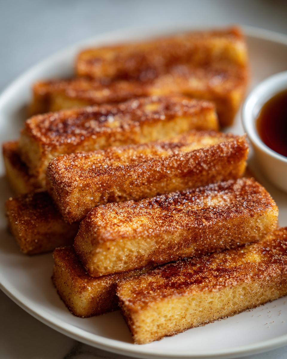 A stack of golden brown French toast sticks coated in cinnamon sugar, served with a side of syrup.