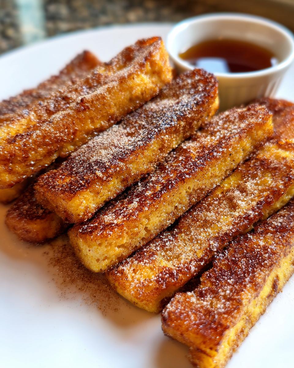 A close-up of golden brown French toast sticks dusted with cinnamon sugar, served with a side of syrup.
