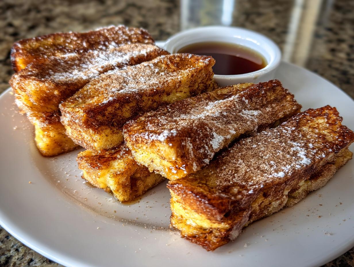 A plate of golden brown French toast sticks dusted with powdered sugar and cinnamon, served with a side of syrup.