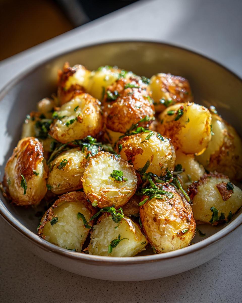 A bowl of golden brown, crispy garlic butter potatoes sprinkled with fresh green herbs.