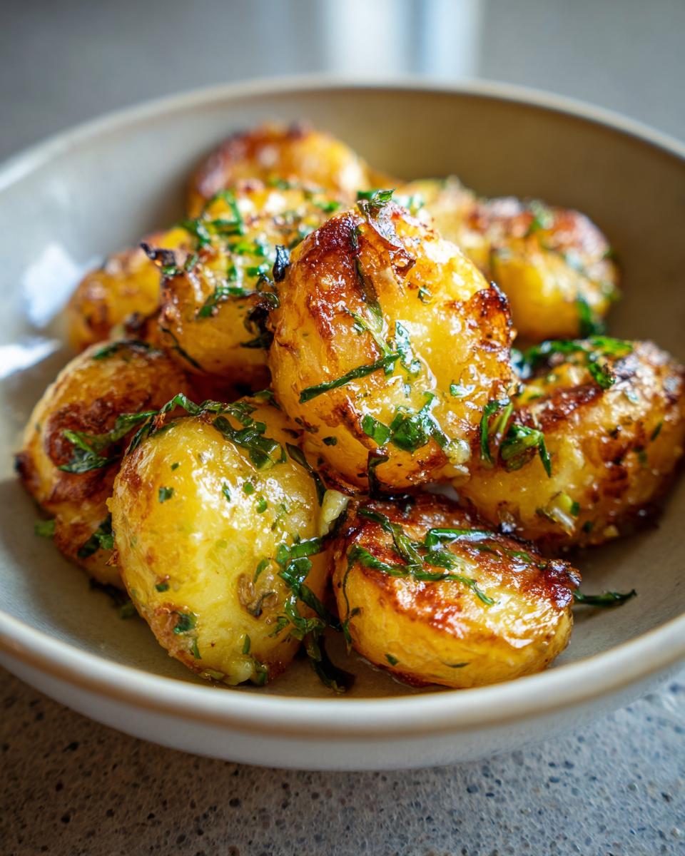 A close-up of a bowl filled with golden brown garlic butter potatoes, sprinkled with fresh green herbs.