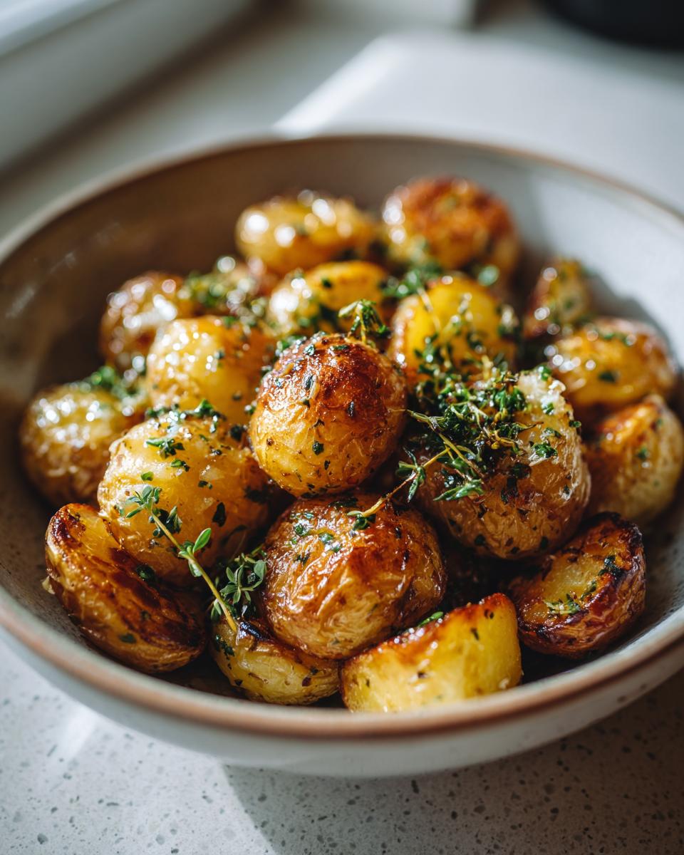 A close-up of a bowl filled with golden-brown garlic butter potatoes, garnished with fresh thyme and parsley.
