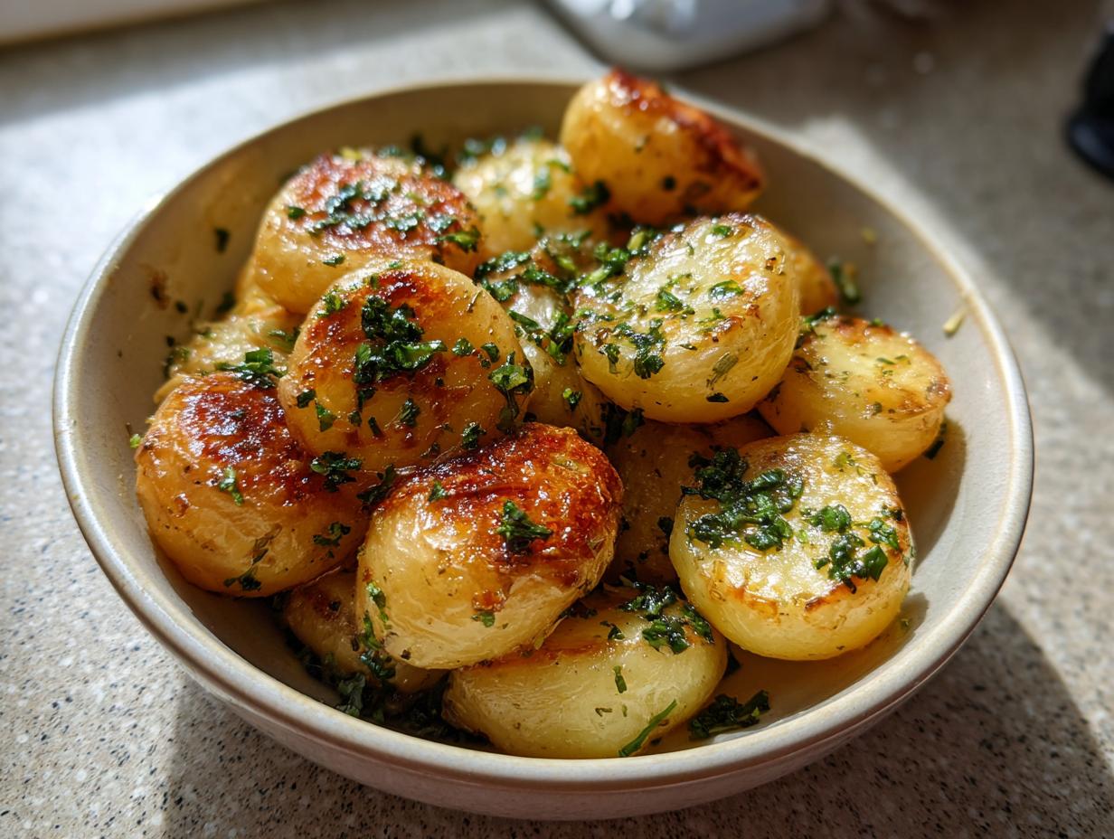A close-up of a bowl filled with golden brown garlic butter potatoes, generously sprinkled with fresh chopped parsley.