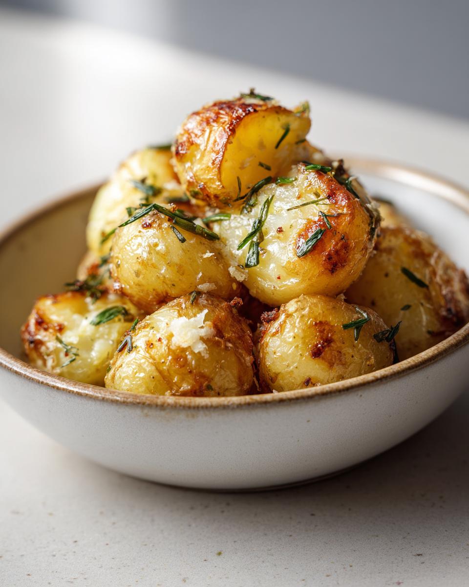 A close-up of golden-brown, roasted garlic butter potatoes sprinkled with fresh herbs in a rustic bowl.