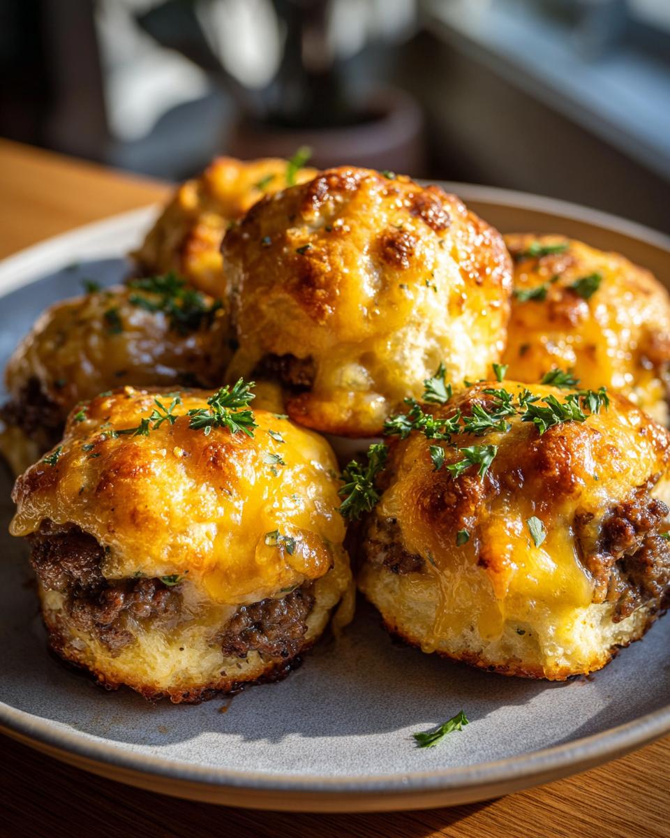 Close-up of delicious garlic parmesan cheeseburger bombs, golden brown and topped with melted cheese and parsley.