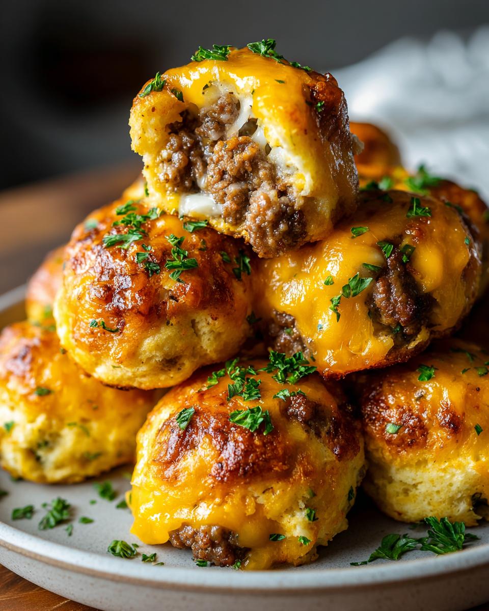 A stack of golden-brown Garlic Parmesan Cheeseburger Bombs, topped with melted cheese and fresh parsley. One is broken open to show the juicy meat filling.