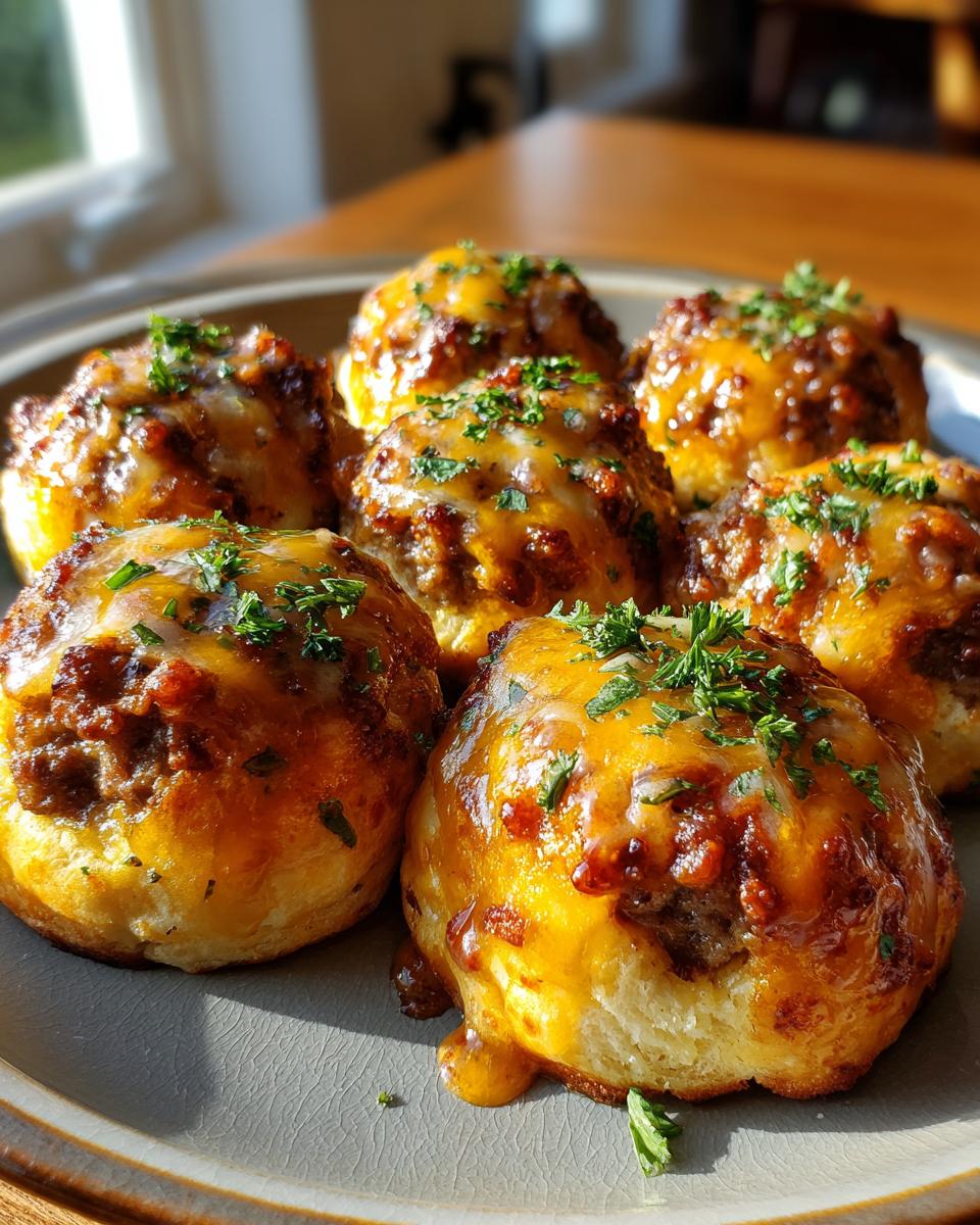 A plate of golden-brown garlic parmesan cheeseburger bombs topped with melted cheese and fresh parsley.