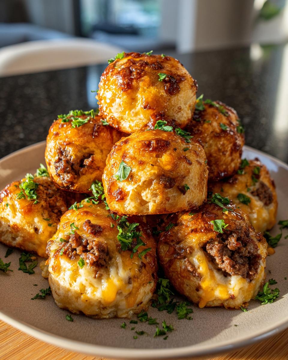 A stack of golden-brown garlic parmesan cheeseburger bombs, filled with seasoned ground beef and melted cheese, garnished with fresh parsley.